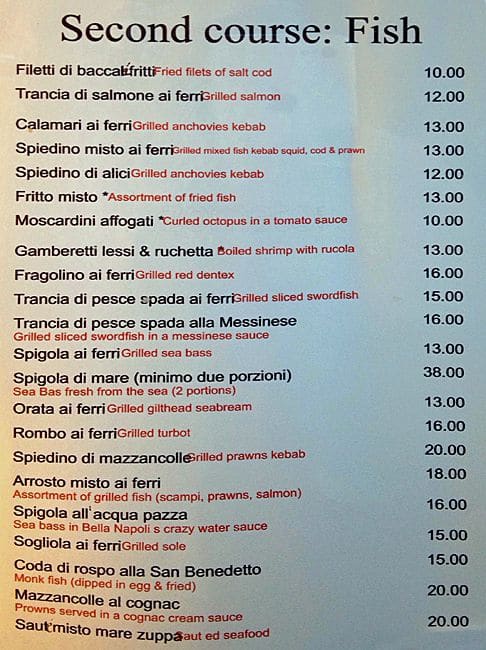 Menu di Bella Napoli 