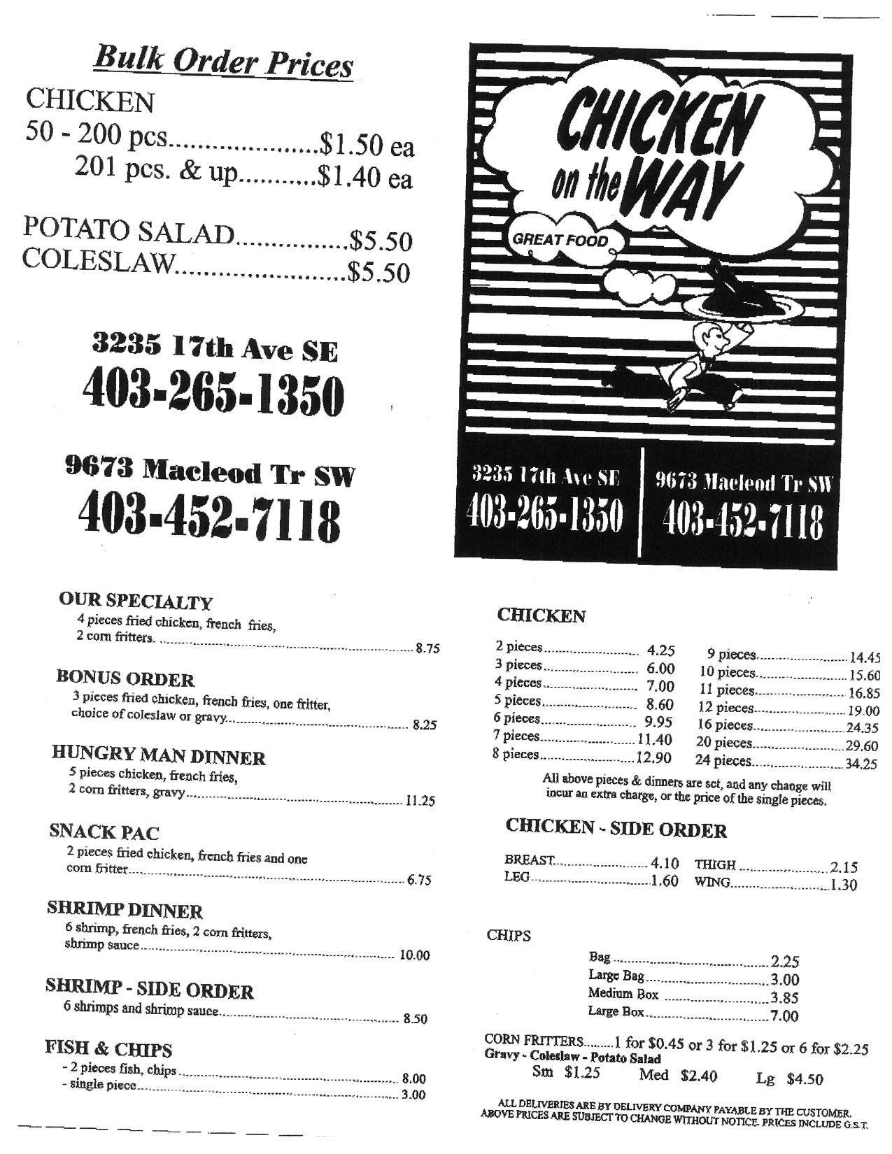 Chicken on the Way Menu, Menu for Chicken on the Way, Haysboro, Calgary