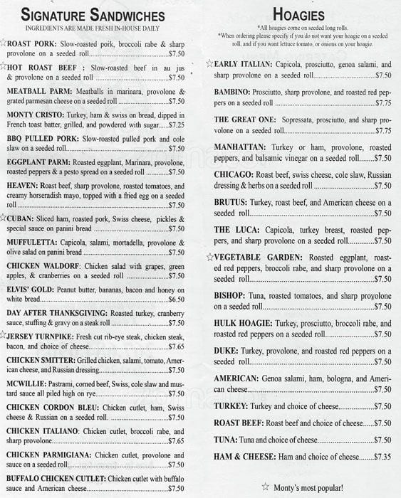 Monty's Sandwich Shop Menu - Urbanspoon/Zomato