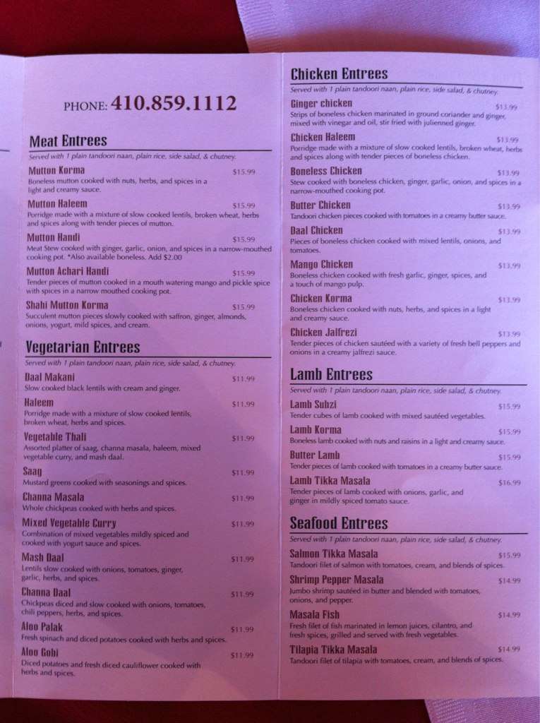 Allah Rakha menu