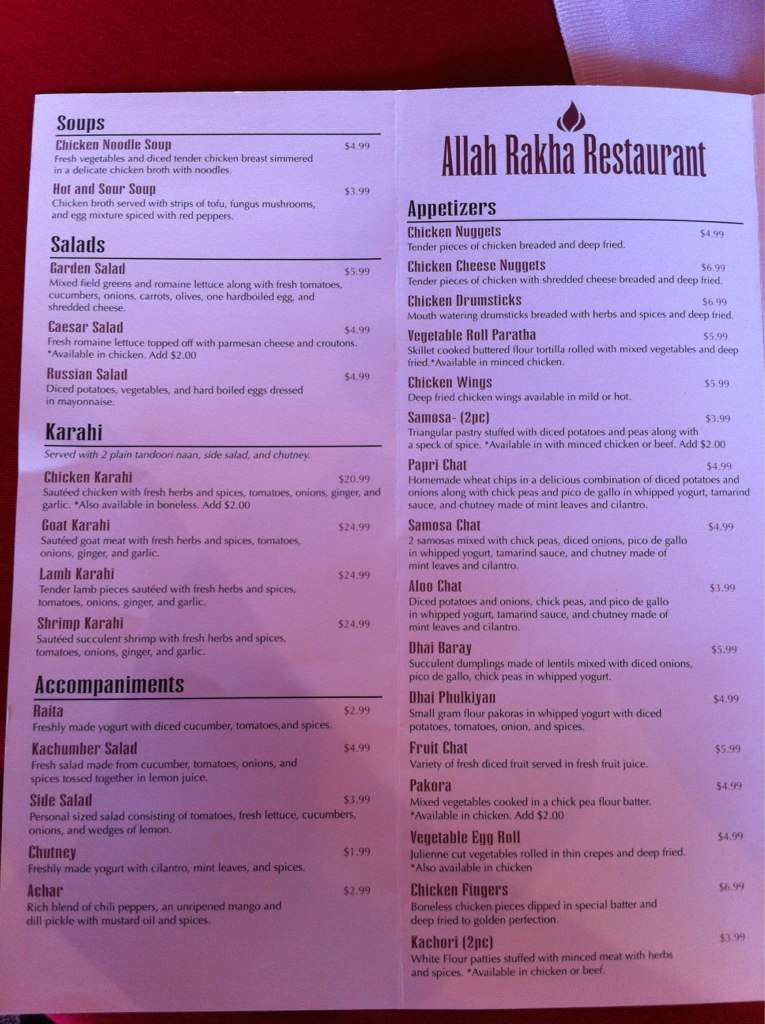 Allah Rakha menu