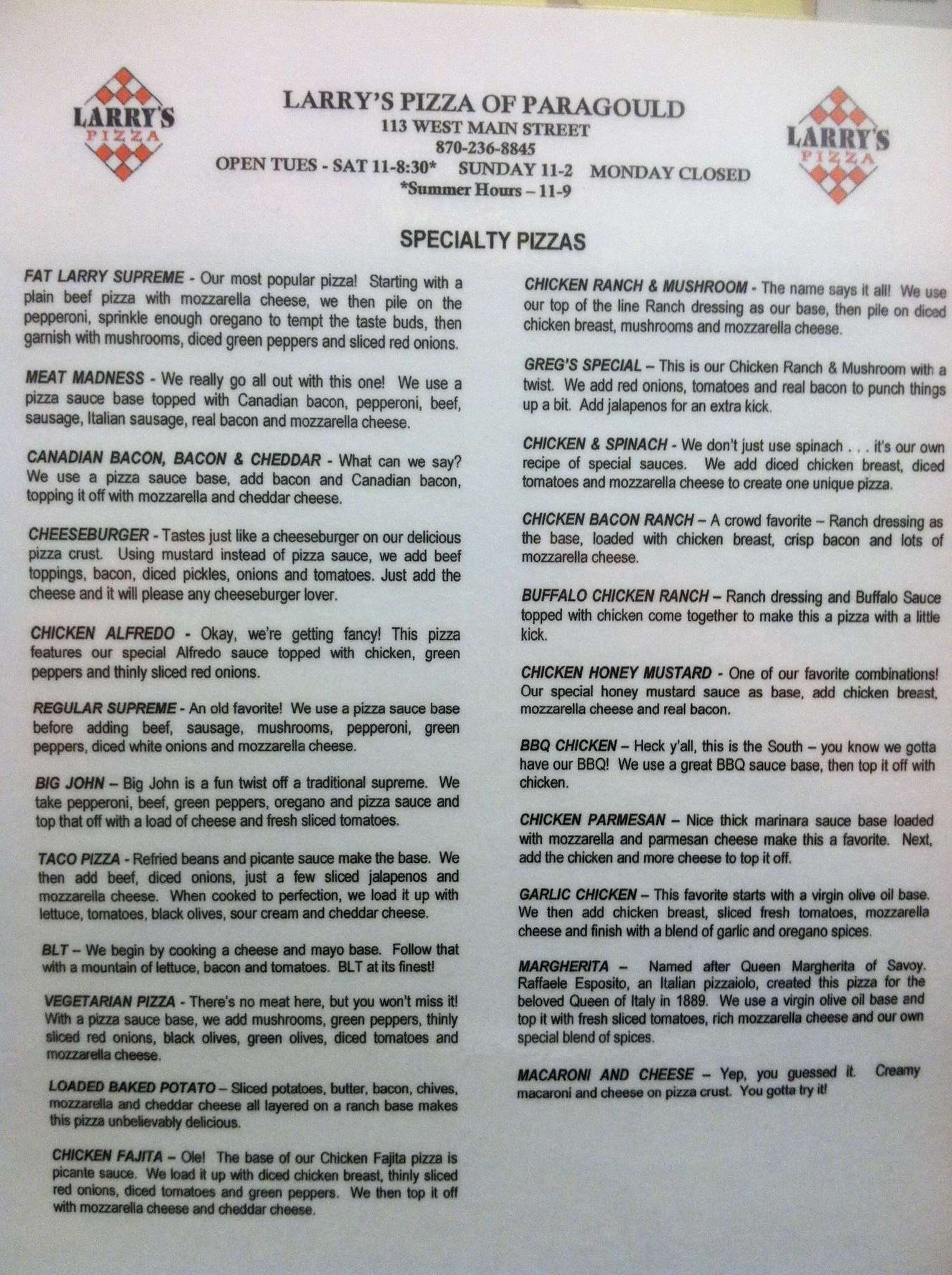 Larry's Pizza of Paragould Menu Urbanspoon/Zomato