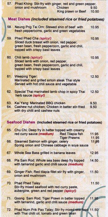 Cattleya Thai Restaurant menu