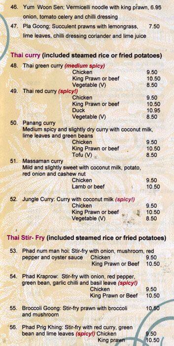 Cattleya Thai Restaurant menu
