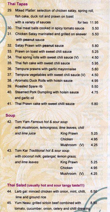 Cattleya Thai Restaurant menu
