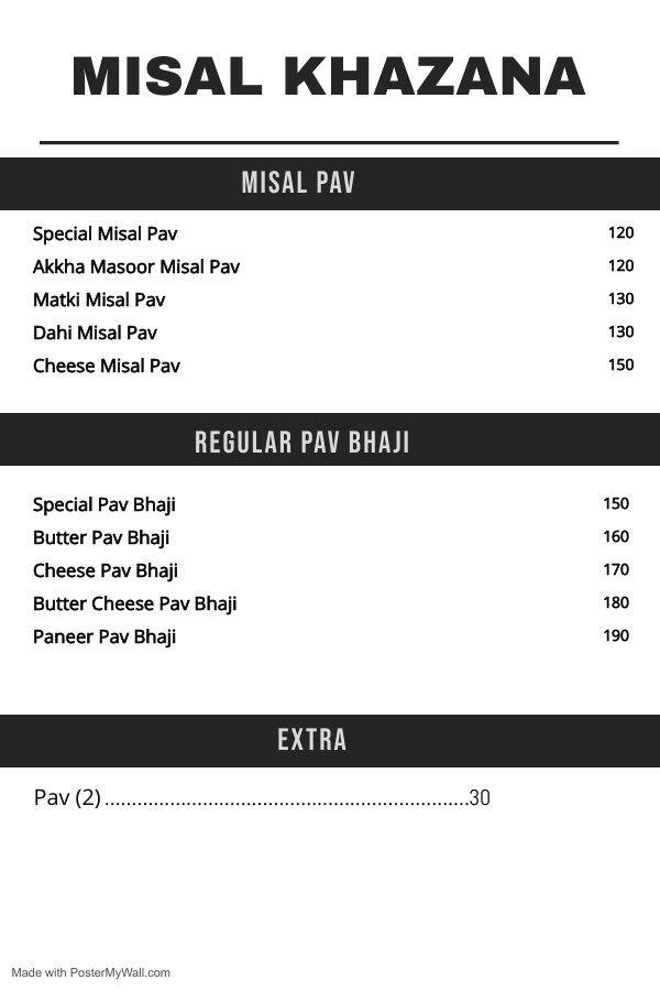 Menu of Misal Khazana, Balewadi, Pune