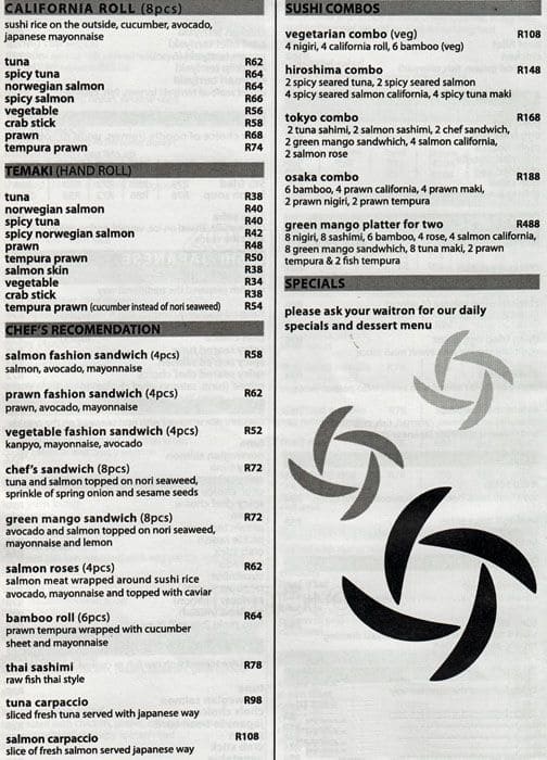 Speisekarte von Green Mango restaurant, Durban, 9th Avenue