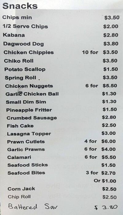Schnapper Reef menu