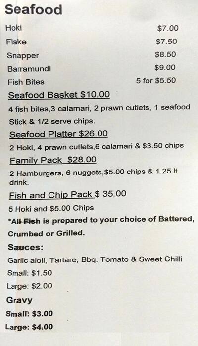 Schnapper Reef menu