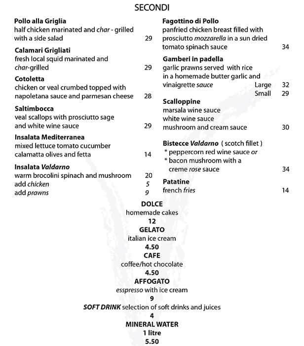 Menu at Valdarno restaurant, Dalkeith