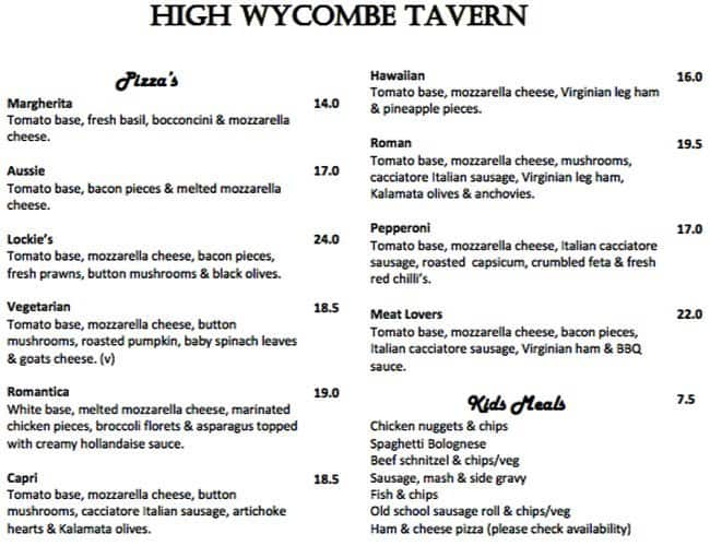 Menu at High Tavern restaurant, High