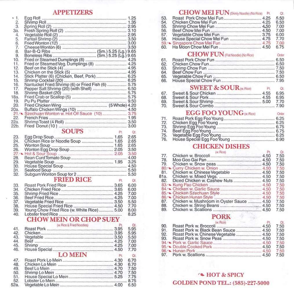 Golden Pond Chinese restaurant, Take out Food & Delivery menu