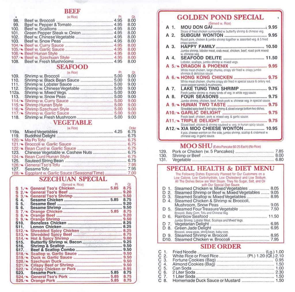 Golden Pond Chinese restaurant, Take out Food & Delivery menu