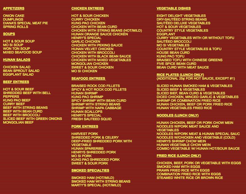 Menu at Henry's Hunan restaurant, San Francisco, Church St