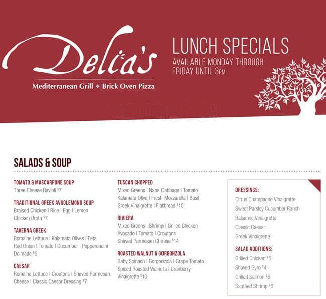 Delia's Mediterranean Grill & Brick Oven Pizza Menu Urbanspoon/Zomato