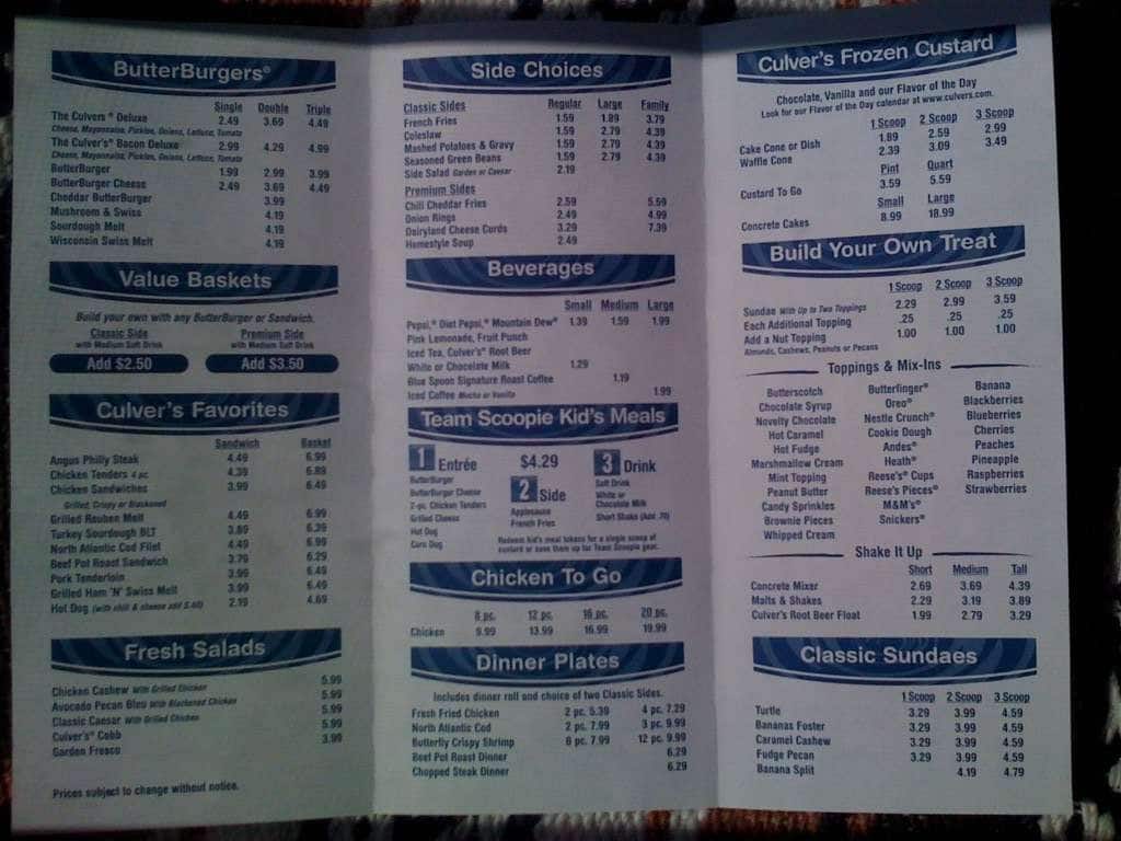 Printable Culvers Menu