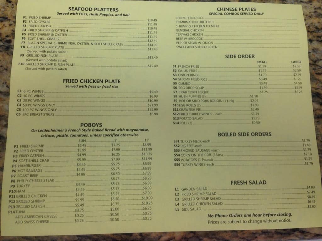 Menu at Blazin Cajun Seafood restaurant, Gulfport