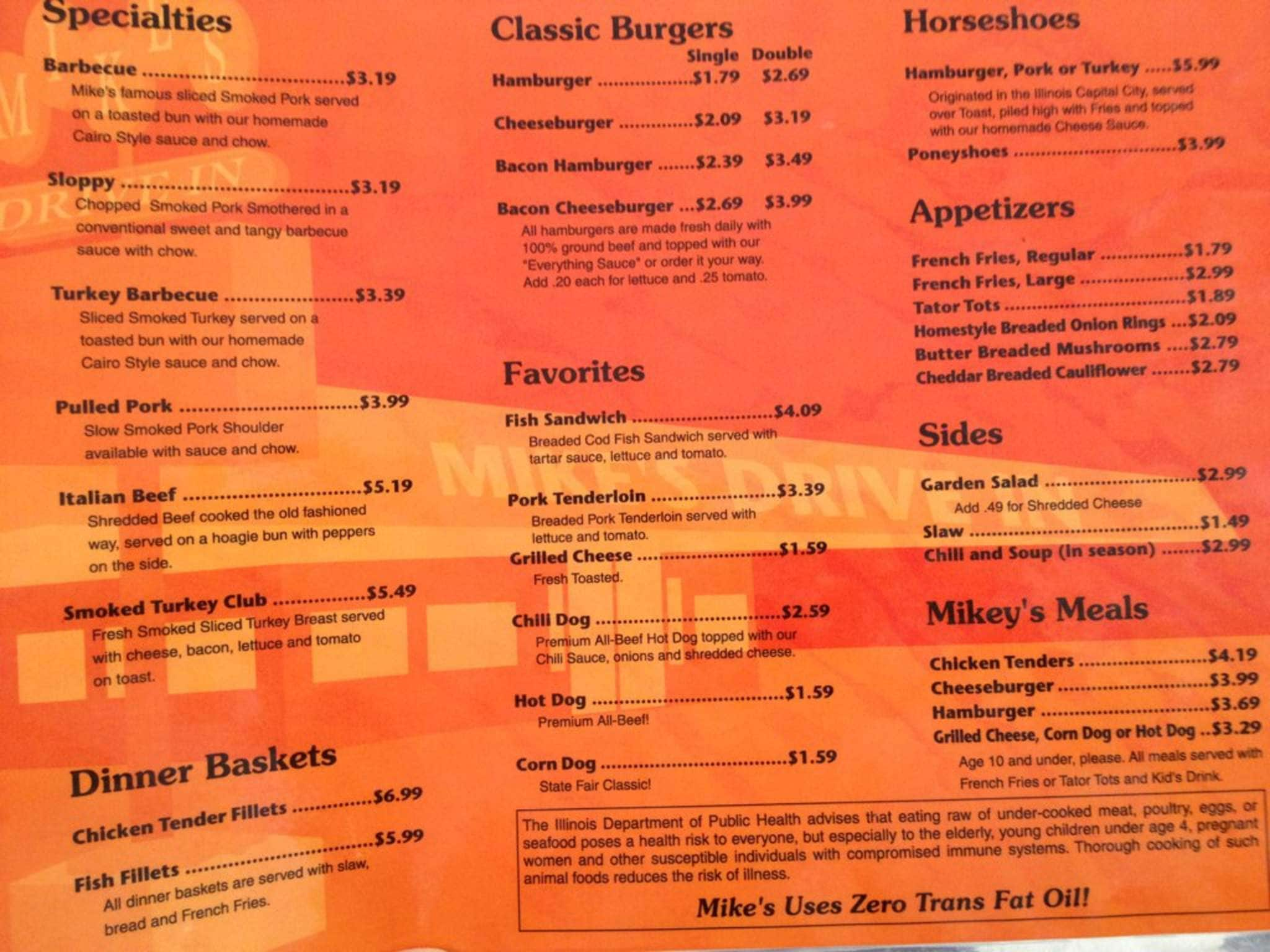 Menu at Mike's Drive-In BBQ, West Frankfort