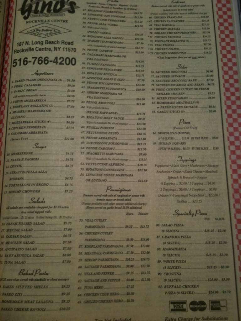 Gino's Pizza Menu, Menu for Gino's Pizza, Rockville Centre, Long Island