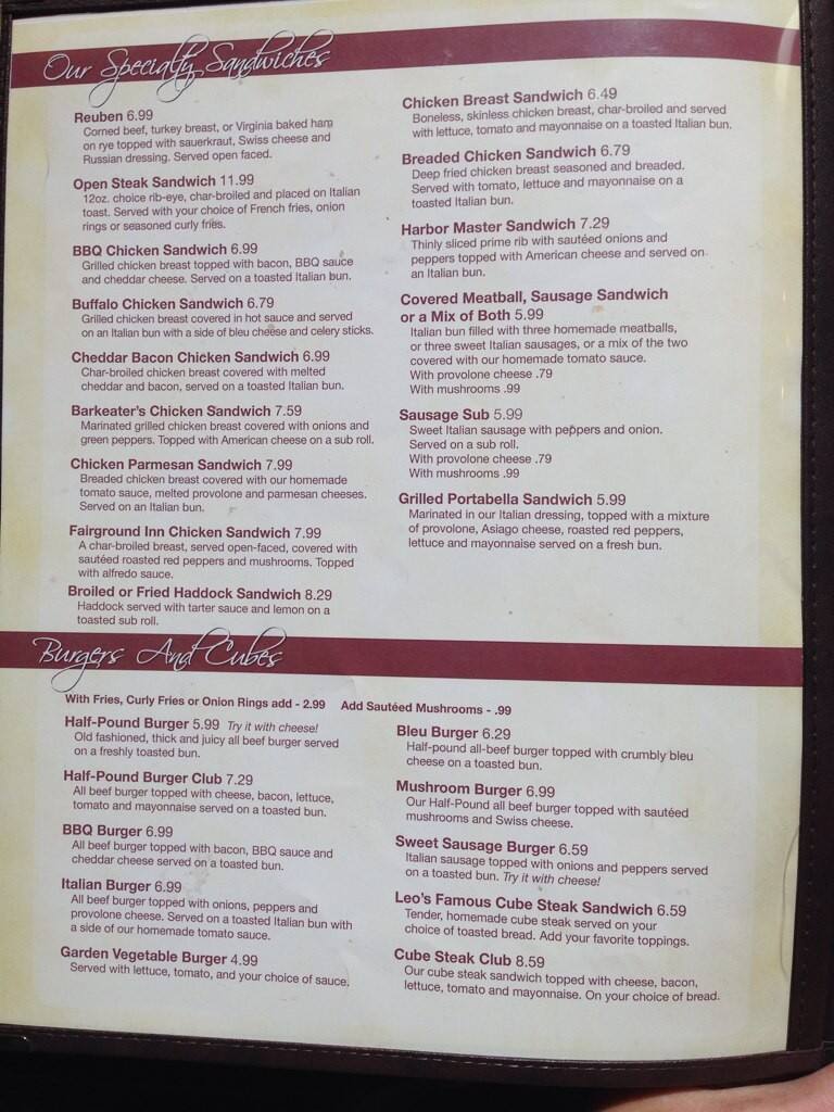 Menu at Fairground Inn restaurant, Watertown