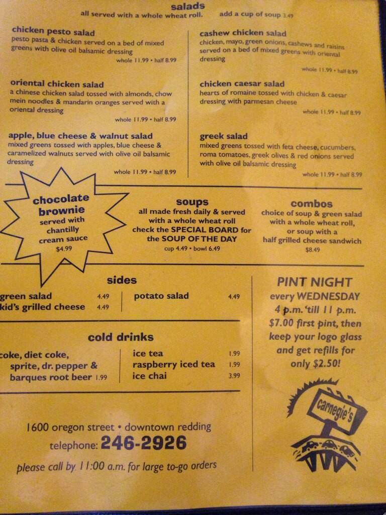 Menu at Carnegies pub & bar, Redding