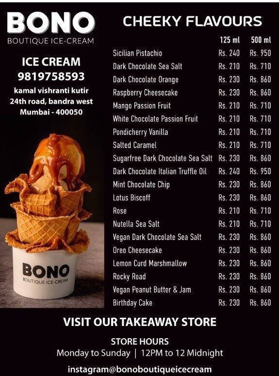 Bono Boutique Ice Cream menu