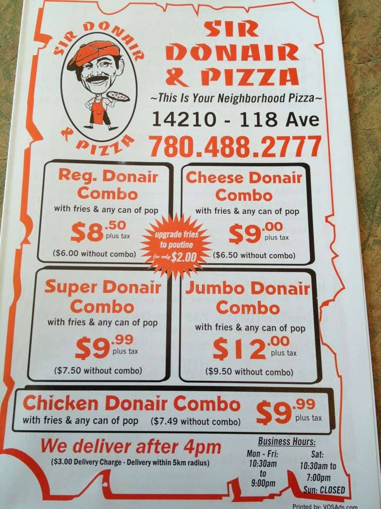 Menu at SIR Donair & Pizza pizzeria, Edmonton, 118 Ave NW