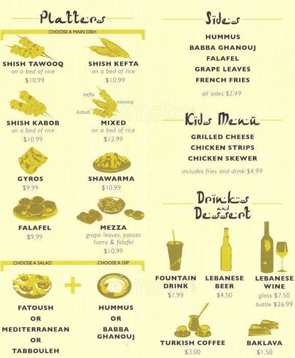 Menu at Zeitouni Mediterranean Grill restaurant, Charlotte