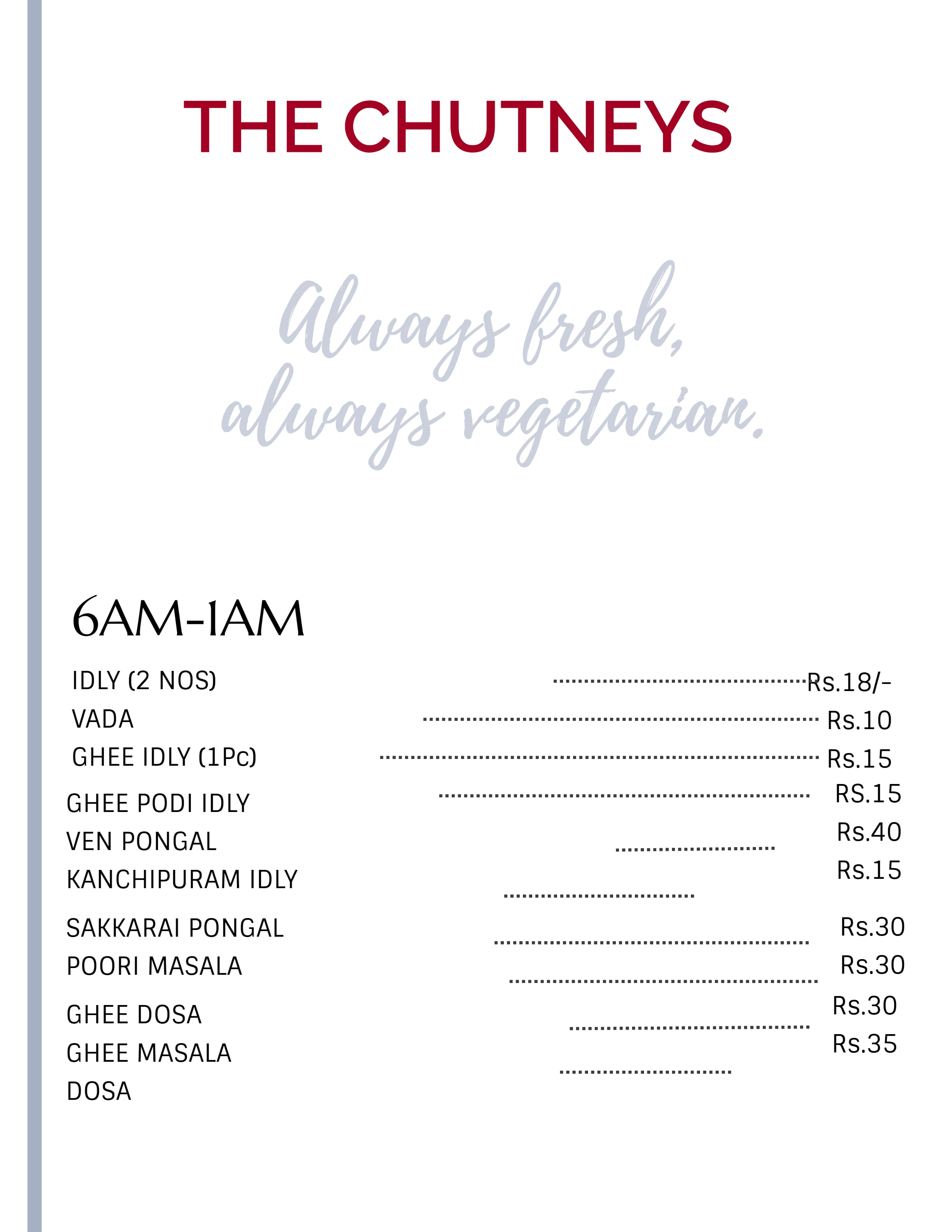 Menu of The Chutneys, Pallavaram, Chennai