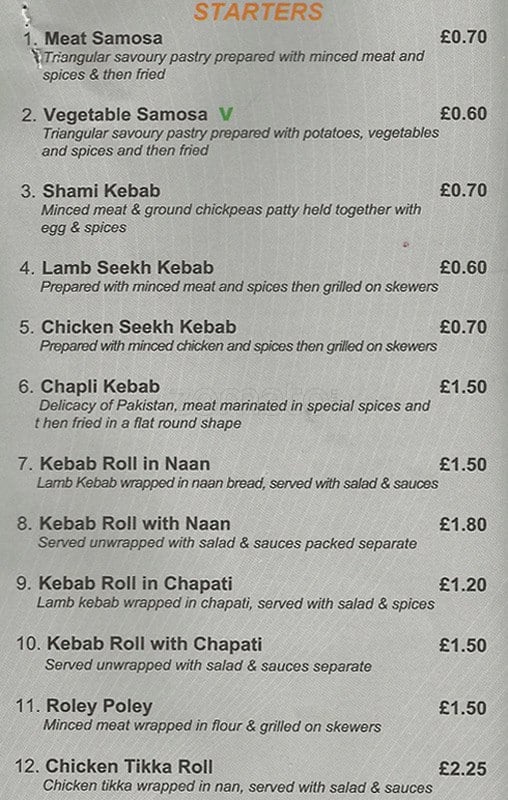 Menu at Cafe Lahore, Thornton Heath