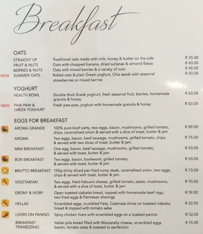 Menu au Aroma Di Caffe café, Alberton, Entrance 4