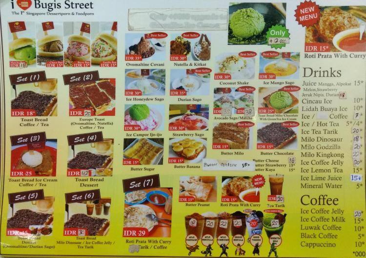 Menu at Bugis Street Dessert restaurant, North Jakarta