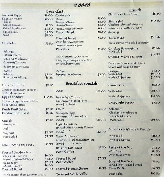 Q Cafe menu, Menu restauracji Q Cafe, Fitzroy North, Melbourne