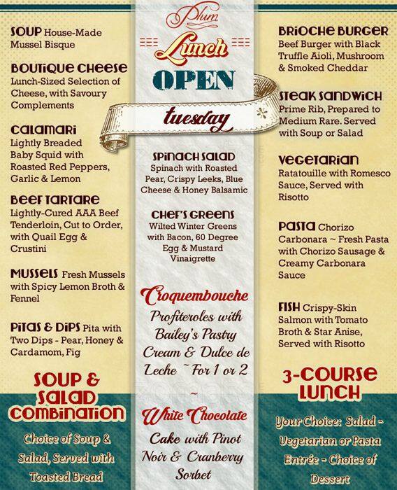 Menu at Plum restaurant, Lethbridge