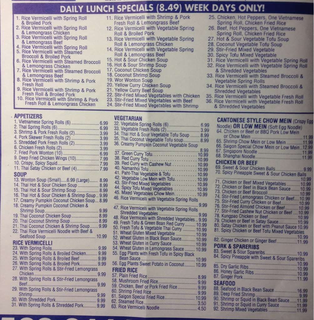 Saigon by Night Menu, Menu for Saigon by Night, Downtown, Regina