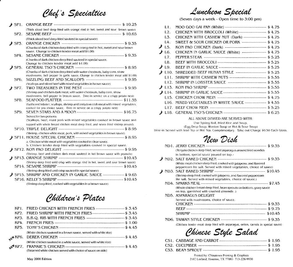 Menu at Tai Li Chinese Restaurant, Houston