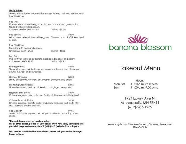 Menu at Banana Blossom restaurant, Minneapolis