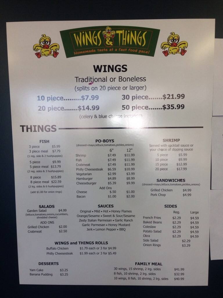 Menu at Wings & Things restaurant, Yukon