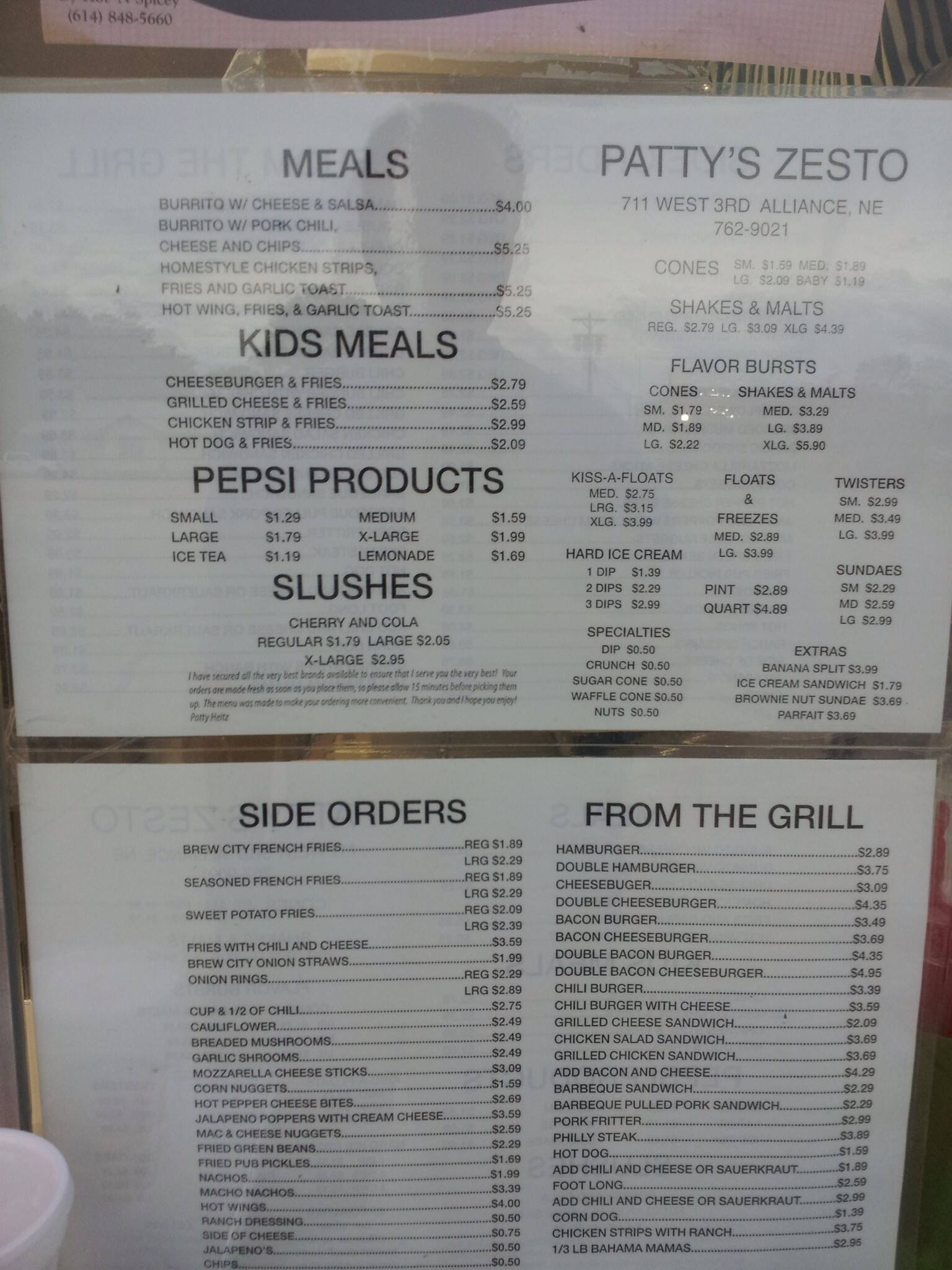 Patty's Zesto Menu, Menu for Patty's Zesto, Alliance, Alliance