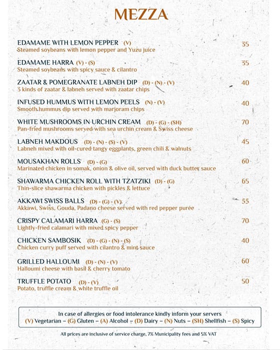 Menu of Antika, DIFC, Dubai