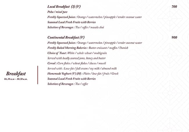 Menu of Three Kitchens Restaurant And Bar: The Ritz-Carlton, Yerawada, Pune