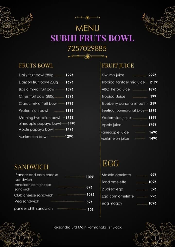 Menu of Subhi Fruit Bowl, Koramangala 1st Block, Bangalore