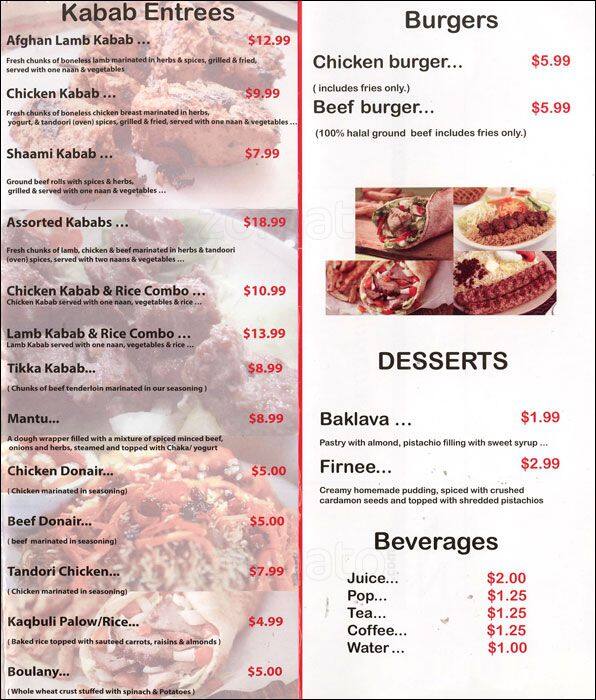 Afghan Lounge Menu, Menu for Afghan Lounge, East Danforth, Toronto