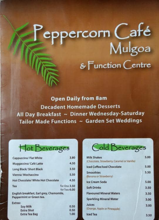 Menu at Peppercorn Cafe, Mulgoa