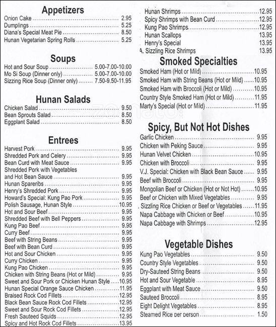 Henry's Hunan Menu, Menu for Henry's Hunan, North Beach, San Francisco