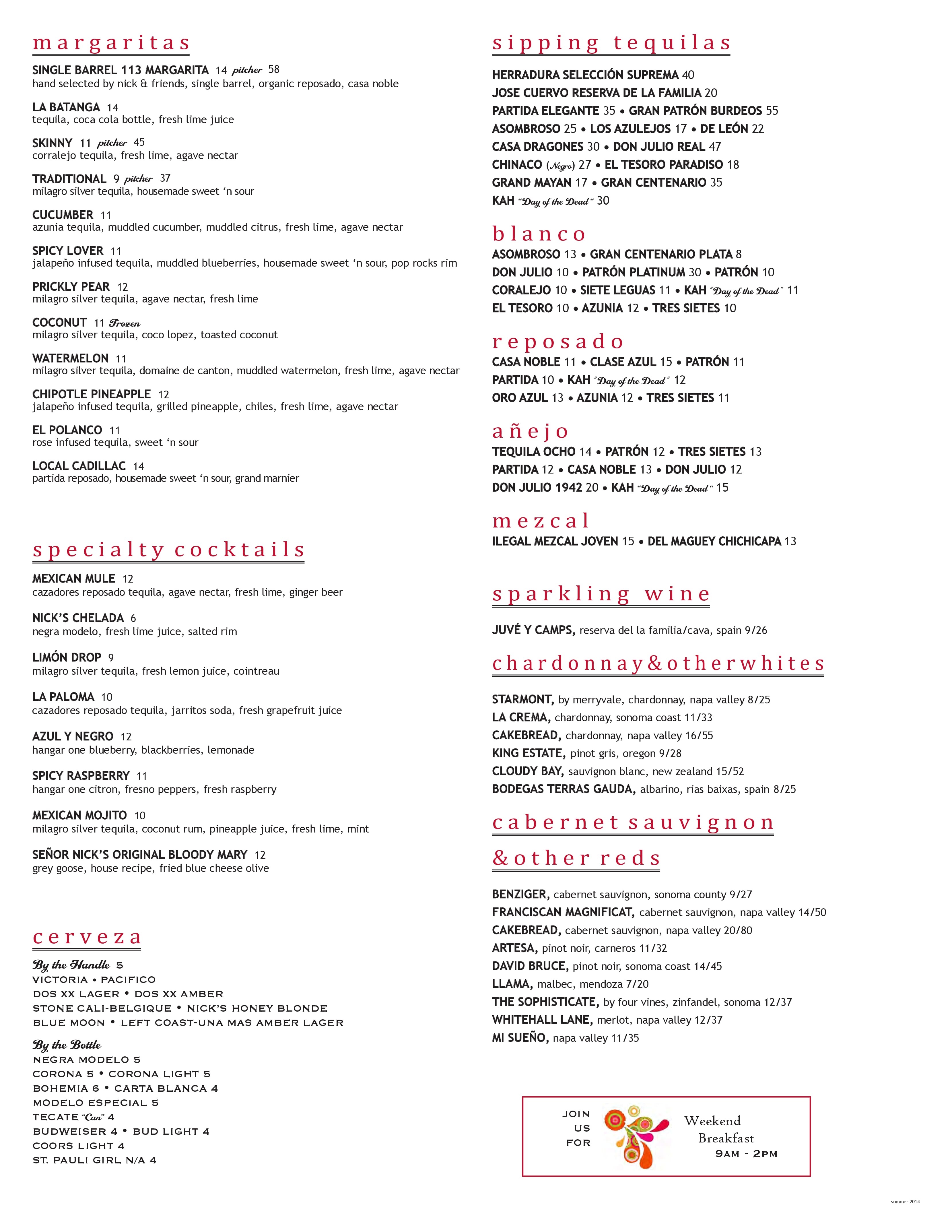 Menu at South of Nick's San Clemente Mexican Kitchen + Bar, San Clemente