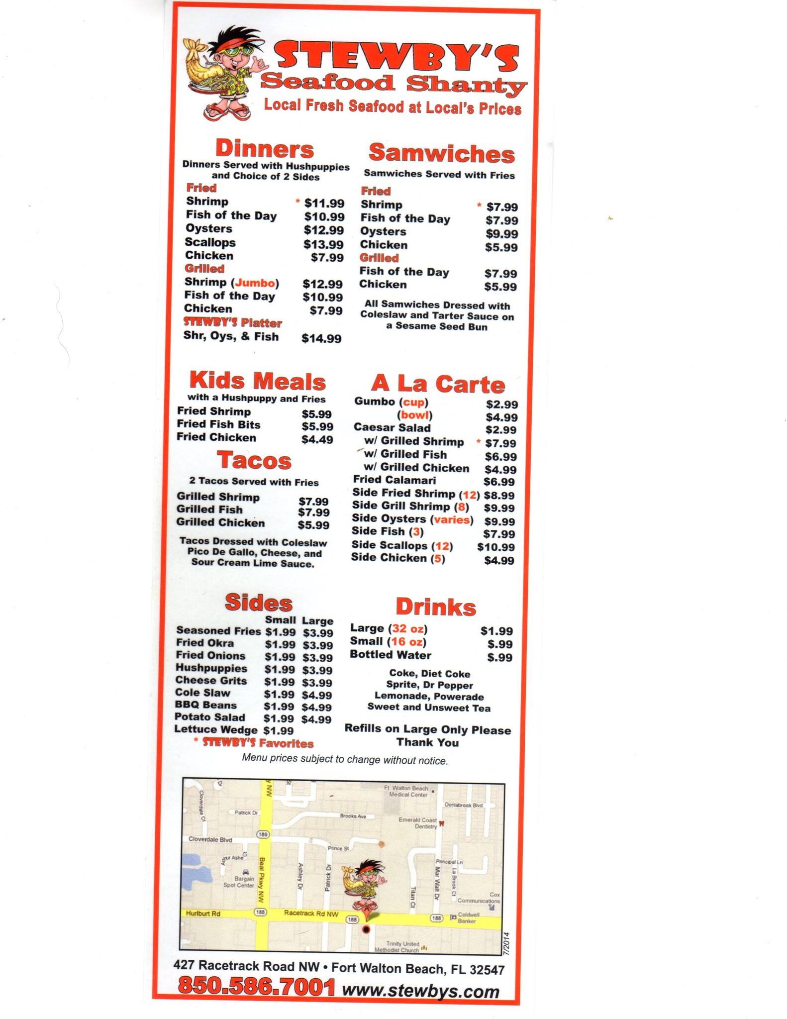 Menu at STEWBY'S Seafood Shanty restaurant, Fort Walton Beach, 427