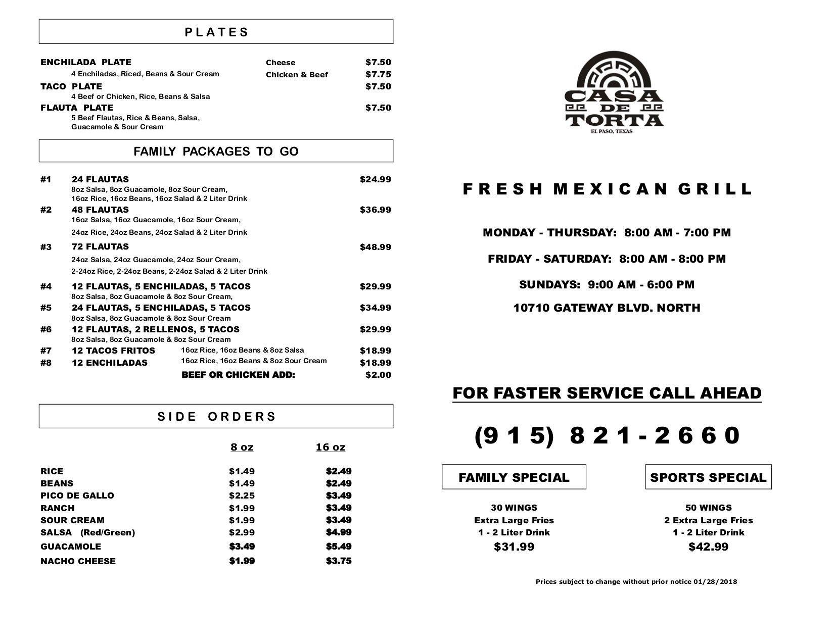 Torta Plaza Menu