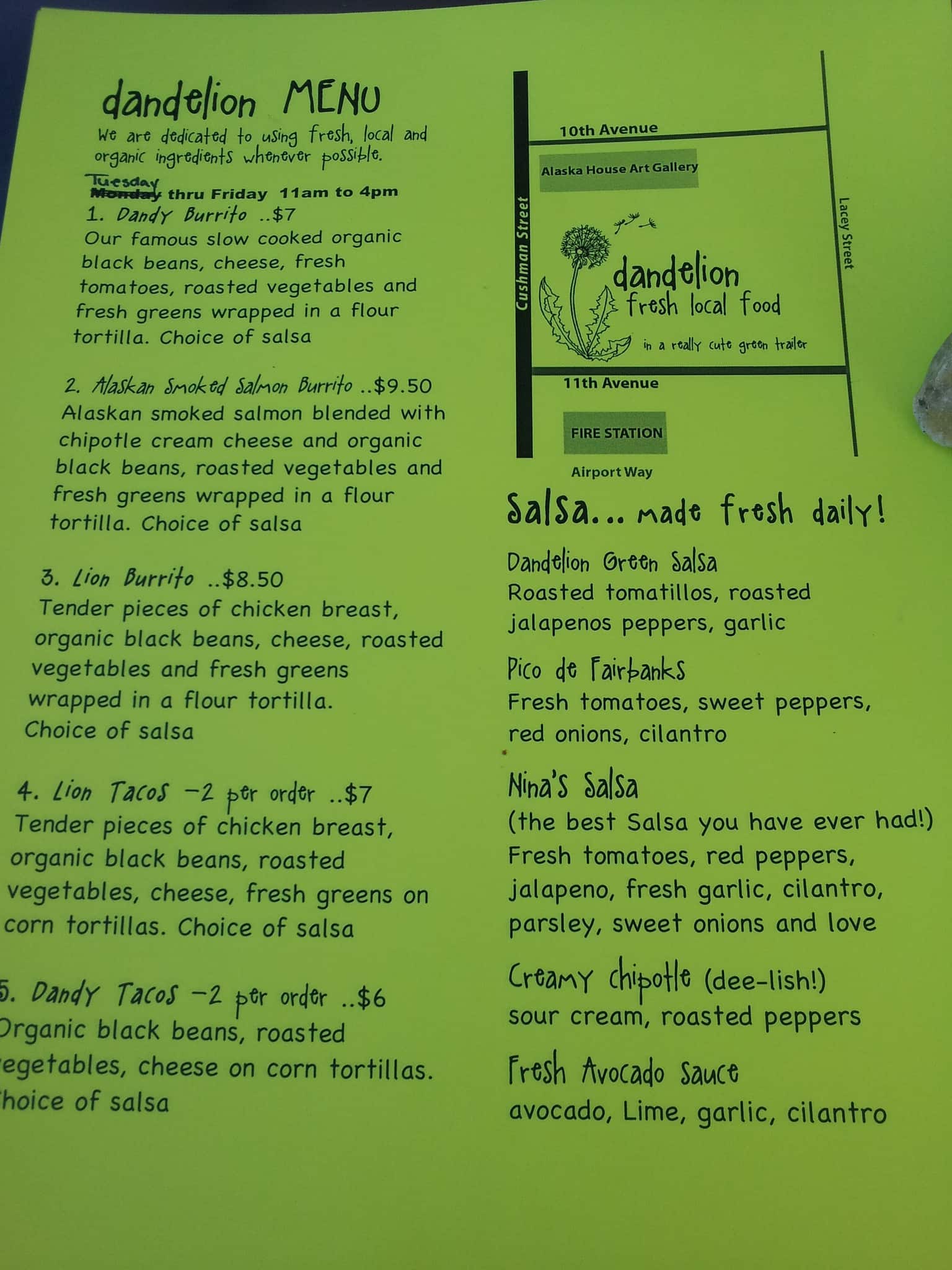 Dandelion Menu, Menu for Dandelion, Fairbanks, Fairbanks Urbanspoon