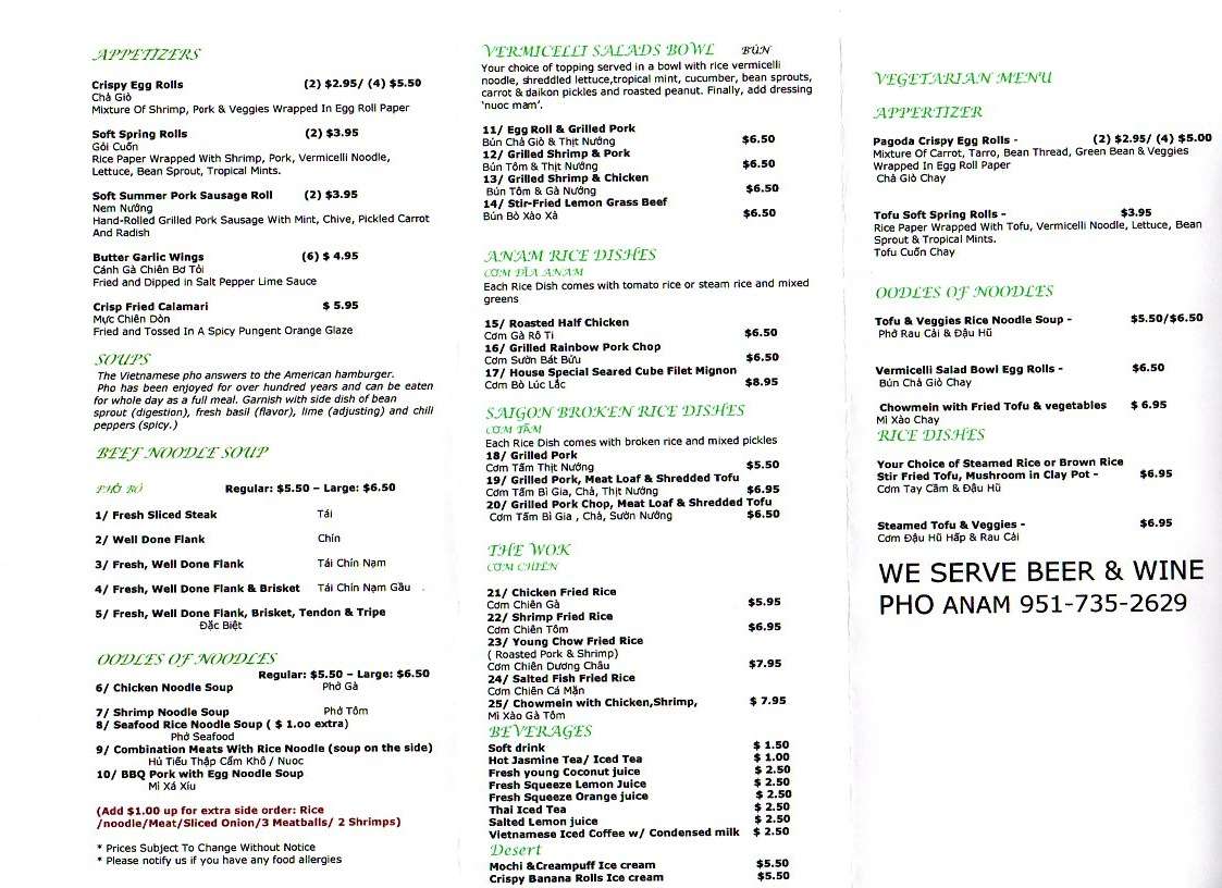 Pho Anam Restaurant Menu, Menu for Pho Anam Restaurant, Corona, Inland